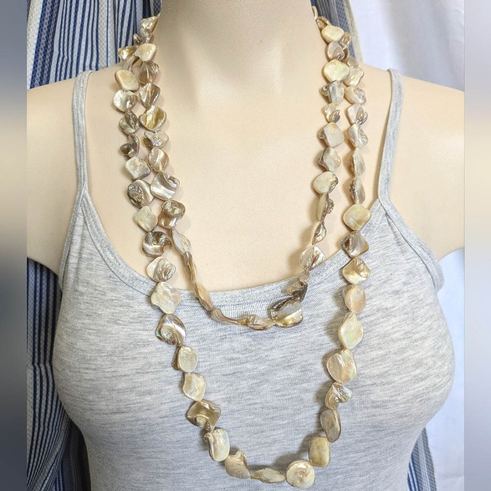 Elegant Shell Necklace Cream Beige Tones Vintage 58" Long Beachy Bohemian Boho